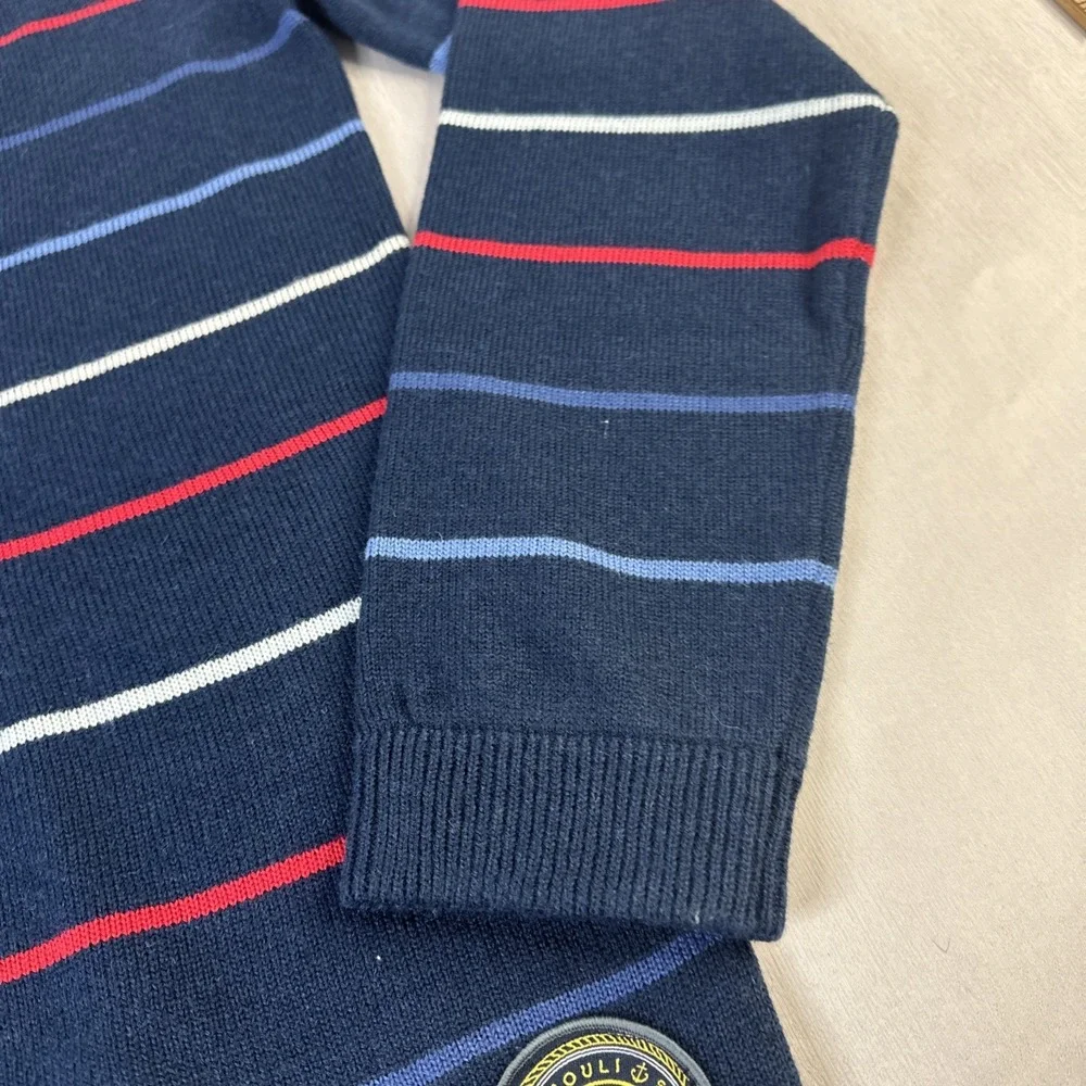 Mouli Sweater family friends and fools Size Large Navy Blue With Stripes